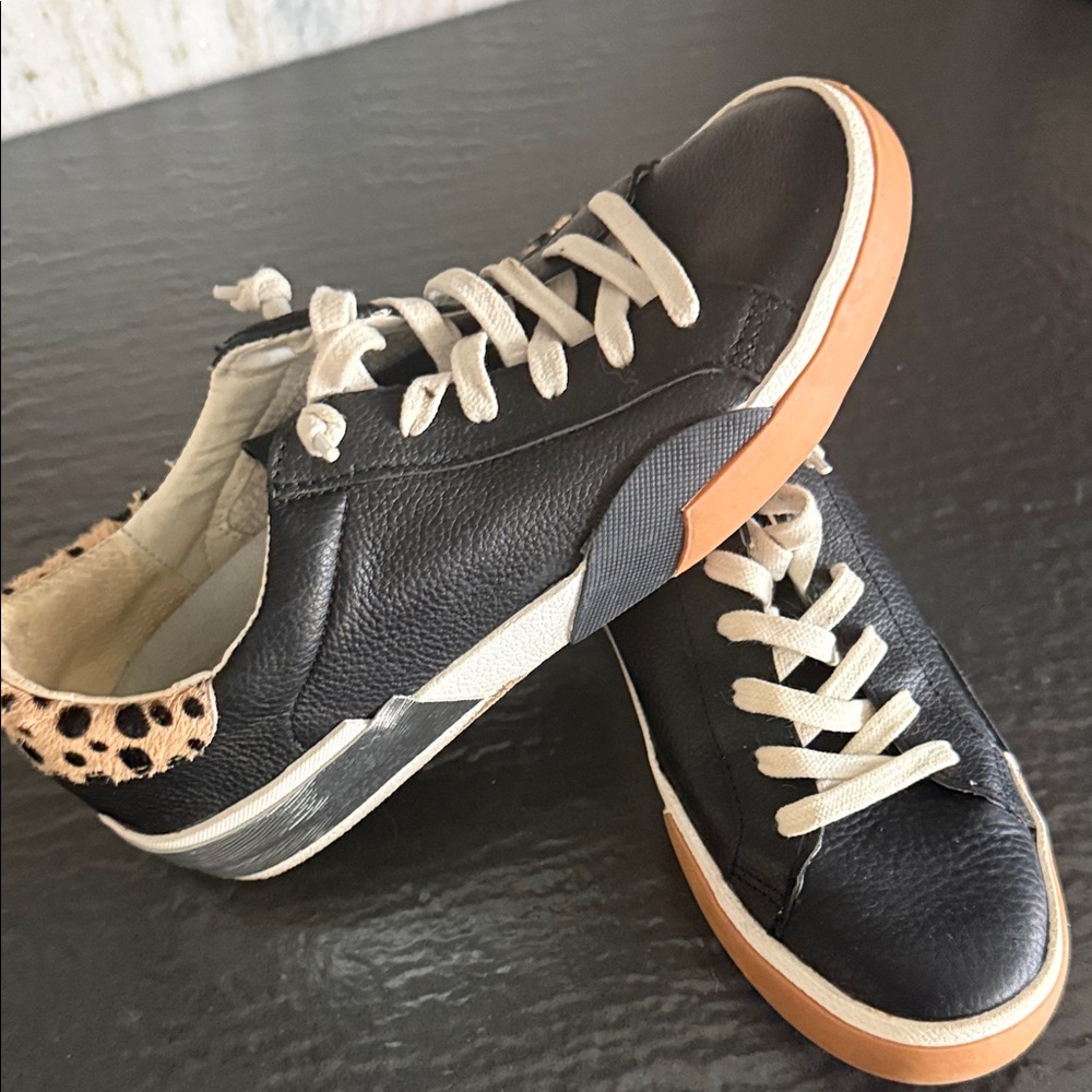 Dolce Vita Black Leather Sneakers with Cream Laces and Leopard Heel
